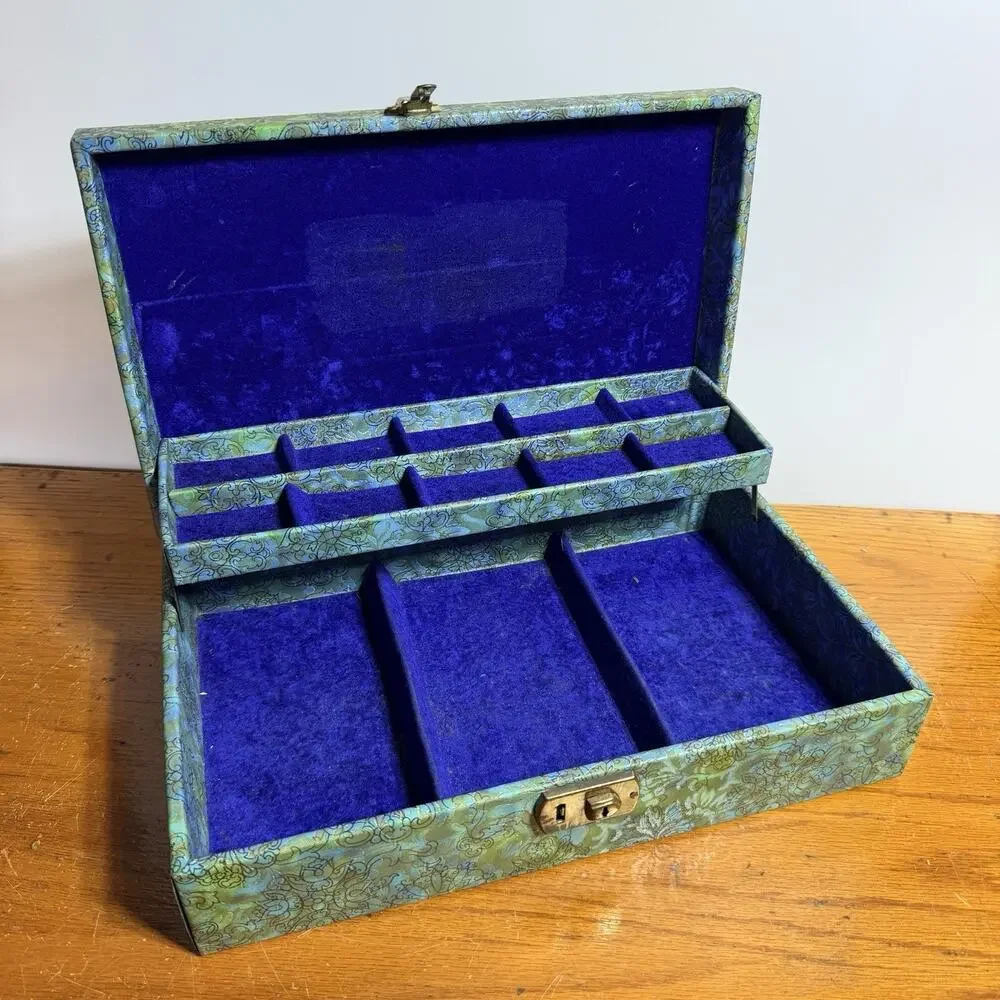 Mid Century Groovy Blue Green Floral Jewelry Box Velvet Lining Dresser Box 14